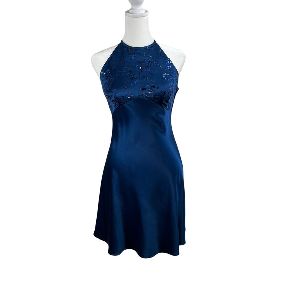 VTG Zum Zum Blue Satin Sequin Dress JR 5/6 90s Halter Mini Embroidered Open Back